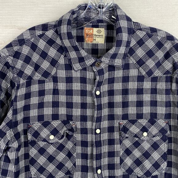 Ruff Hewn Shirt Mens M Long Sleeve Pearl Snap Blue Check Plaid Woved Heavyweight - Picture 3 of 11